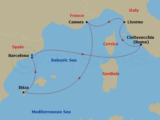 Valiant Lady - 7 Night - French Riviera, Italy, Rome & Ibiza - Valiant Lady - Starting in Barcelona, Spain, Rome (Civitavecchia), Italy, Florence / Pisa (Livorno), Italy, Ca.. itinerary map