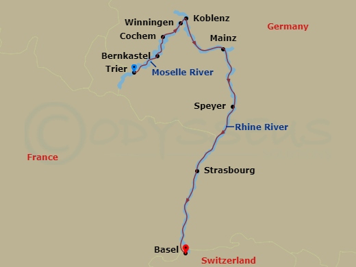 7 Night - Rhine & Moselle Discovery - Viking Hild - Starting in Trier, Bernkastel, Cochem, Winningen, Koblenz, Middle Rhine Scenic Sailing, Mainz, Speyer, Strasbourg, Basel itinerary map