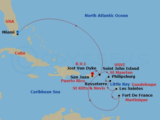 Silver Shadow - 10 Night - Miami to San Juan - Silver Shadow - Starting in Miami, Fl, St John VI, Philipsburg, St Maarten, St Kitts (Basseterre), Les Saintes, Fort-de-France,.. itinerary map
