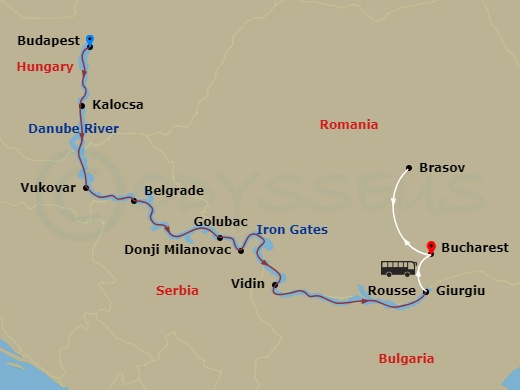 Emerald Sky - 12 Night - Enchantment of Eastern Europe & Transylvania - Emerald Sky - Starting in Budapest, Kalocsa, Vukovar, Belgrade, Golubac / Donji Milanovac, Vidin, Ro.. itinerary map