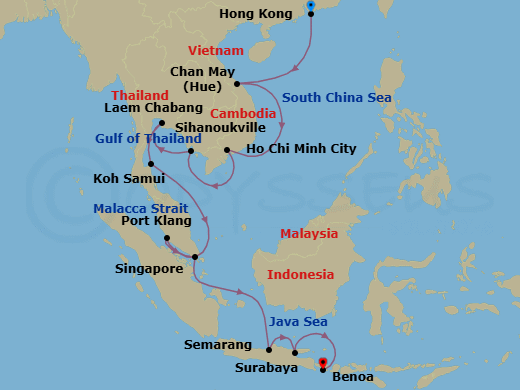 26 Night - Southeast Asia - Viking Orion - Starting in Hong Kong, Sail the South China Sea, Ha Long Bay, Hue (Chan May), Sail the South China Sea, Ho Chi Minh City, Scenic Sailing Gulf of Thailand, Sihanoukville, Bangkok (Laem Chabang), Koh Samui (Nathon), Scenic Sailing Gulf of Thailand, Scenic Sailing Strait of Malacca, Kuala Lumpur (Port Klang), Singapore, Sail the Java Sea, Semarang, Java, Surabaya, Java, Bali (Benoa) itinerary map