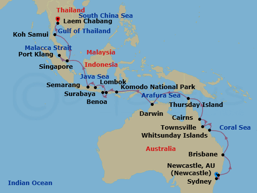 28 Night - South Pacific Sojourn - Viking Venus - Starting in Sydney AU, Newcastle AU, Sail the Australian Coast, Brisbane, Sail the Australian Coast, Whitsunday Island (Airlie Beach), Townsville, Cairns, Sail the Coral Sea, Thursday Island, Sail the Timor Sea, Darwin, Sail the Timor Sea, Komodo National Park (Rinca), Lombok, Bali (Benoa), Surabaya, Java, Semarang, Java, Sail the Java Sea, Singapore, Kuala Lumpur (Port Klang), Scenic Sailing Strait of Malacca, Scenic Sailing Gulf of Thailand, Koh Samui (Nathon), Bangkok (Laem Chabang) itinerary map