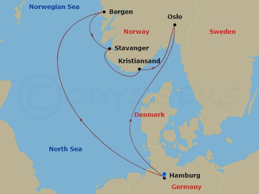 7 Night - Northern Europe - MSC Preziosa - Starting in Hamburg, Germany, Bergen, Norway, Stavanger (Lysefijord), Norway, Kristiansand, Norway, Oslo, Norway, Hamburg, Germany itinerary map