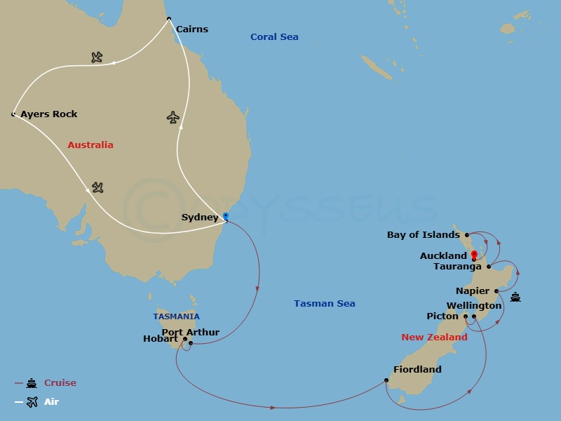Royal Princess Cruise Tours - 20 Night - Australian Outback - Tour 3C - Royal Princess Cruise Tours - Starting in Sydney AU, Cairns, Australia, Uluru (Ayers Rock), Australia, Sydney AU, Po.. itinerary map