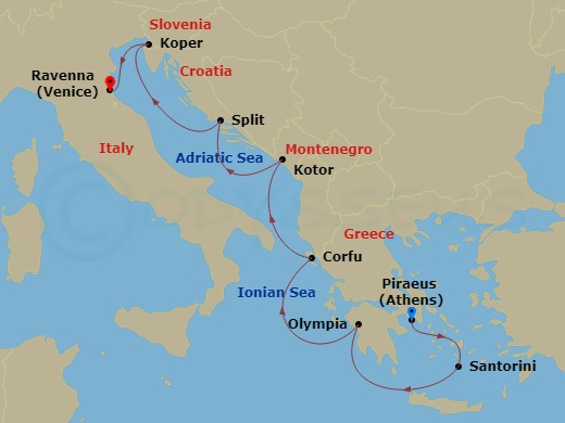 NCL Norwegian Pearl Cruise Tours - 9 Night - Explore Athens Pre Cruisetour - NCL Norwegian Pearl Cruise Tours - Starting in At Hotel, Piraeus / Athens, Greece, Santorini Island, Greece, Olympia.. itinerary map