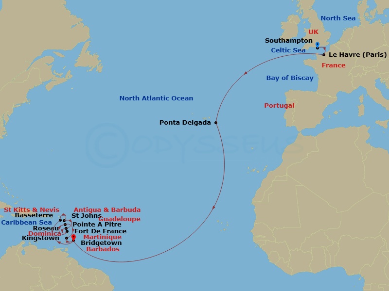 MSC Virtuosa - 19 Night - Msc Grand Voyages - MSC Virtuosa - Starting in Southampton (London), United Kingdom, Le Havre (Paris), France, Ponta Delgada (Azores), Portugal, Br.. itinerary map