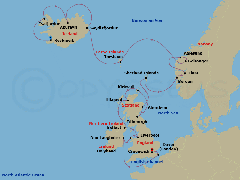 26 Night - British Isles & Iceland Explorer - Viking Vela - Starting in Reykjavik, Isafjordur, Akureyri, Seydisfjordur, Sail the Norwegian Sea, Torshavn, Sail the North Sea, Geiranger, Norway, Alesund, Flam, Norway, Bergen, Shetland Islands (Lerwick), Aberdeen, Edinburgh (Newhaven Harbour), Orkney Islands (Kirkwall), The Highlands (Ullapool), Belfast, Liverpool, Holyhead, Dublin (Dun Laoghaire), Scenic Sailing English Channel, Dover UK, London (Greenwich) itinerary map