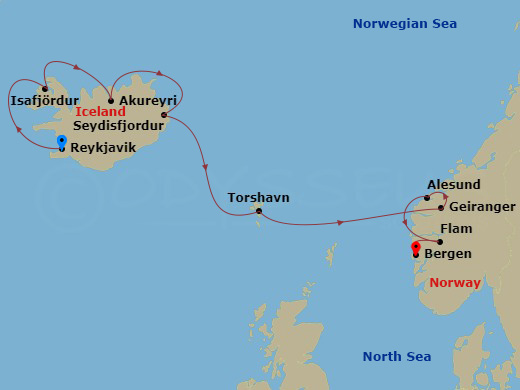 Viking Vela - 12 Night - Iceland's Majestic Landscapes - Viking Vela - Starting in Reykjavik, Isafjordur, Akureyri, Seydisfjordur, Sail the Norwegian Sea, Torshavn, Sail th.. itinerary map