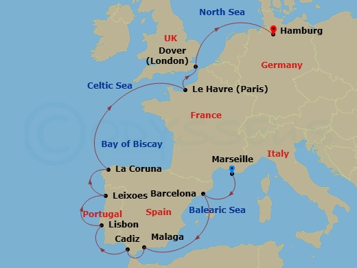 Costa Favolosa - 12 Night - Transatlantic from Marseille - Costa Favolosa - Starting in Marseille, Barcelona, Malaga, Cadice, Lisbon, Leixoes, La Coruna, Le Havre, Dover UK, H.. itinerary map