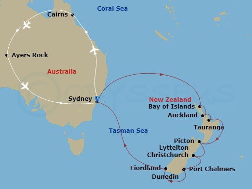 Royal Princess Cruise Tours - 20 Night - Australian Outback - Tour 3A - Royal Princess Cruise Tours - Starting in Sydney AU, Cairns, Australia, Uluru (Ayers Rock), Australia, Sydney AU, Ba.. itinerary map