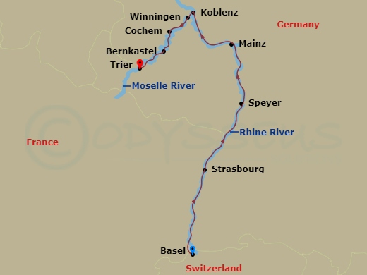 7 Night - Rhine & Moselle Discovery - Viking Hild - Starting in Basel, Strasbourg, Speyer, Mainz, Middle Rhine Scenic Sailing, Koblenz, Winningen, Cochem, Bernkastel, Trier itinerary map