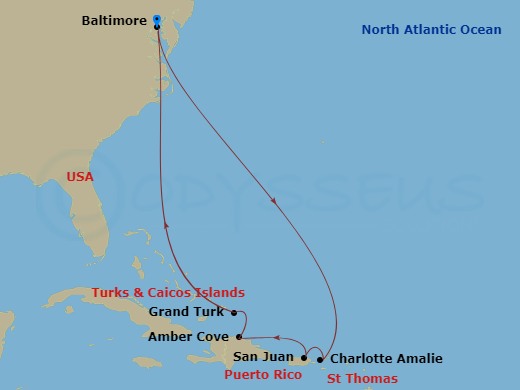 Carnival Pride - 10 Night - Journeys - Eastern Caribbean - Carnival Pride - Starting in Baltimore, MD, St Thomas, US Virgin Islands, San Juan, Puerto Rico, Amber Cove, Dominic.. itinerary map