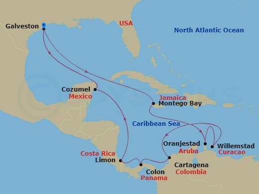Carnival Legend - 14 Night - Journeys - Caribbean & Panama - Carnival Legend - Starting in Galveston, Tx, Montego Bay, Jamaica, Aruba, Curacao, Cartagena CO, Colon (Panama Cana.. itinerary map