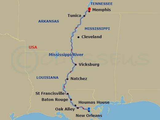 American Melody - 11 Night - Mississippi Explorer Cruise - American Melody - Starting in New Orleans, La, Day of River Cruising, Oak Alley, LA / Houmas House, LA, Baton Rouge,.. itinerary map