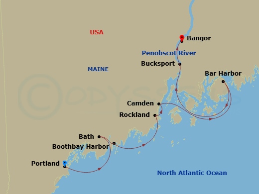 American Patriot - 8 Night - Maine Coast & Harbors Cruise - American Patriot - Starting in Portland ME, Day of Cruising the Maine Coast, Bath, ME, Boothbay Harbor, ME, Rockland,.. itinerary map