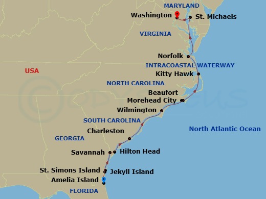 American Glory - 15 Night - East Coast Inland Passage Cruise - American Glory - Starting in Amelia Island, FL, Day of Cruising, Jekyll Island, GA, St Simons Island, GA, Savann.. itinerary map