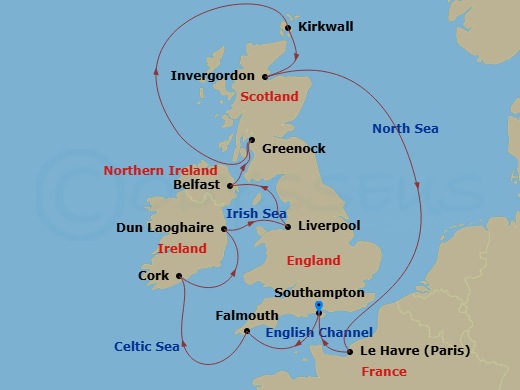 Majestic Princess - 12 Night - British Isles with France & Belfast - Majestic Princess - Starting in Southampton (for London), England, Cornwall (Falmouth), England, Cork, Irelan.. itinerary map