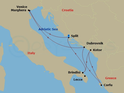MSC Armonia - 7 Night - Mediterranean - MSC Armonia - Starting in Split, Croatia, Venice / Marghera, Italy, Dubrovnik, Croatia, Corfu, Greece, Kotor, Montenegro, Brindisi (.. itinerary map