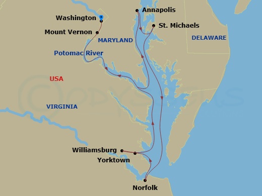 American Patriot - 10 Night - American Revolution Cruise - American Patriot - Starting in Washington, DC, Annapolis, MD, St Michaels, MD, Day of Cruising, Norfolk, Va, Williamsb.. itinerary map