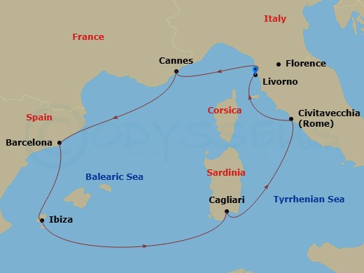 MSC Fantasia - 7 Night - Mediterranean - MSC Fantasia - Starting in Livorno (Florence), Italy, Cannes (Cote Dazur), France, Barcelona, Spain, Ibiza (Balearic Islands), Spain.. itinerary map