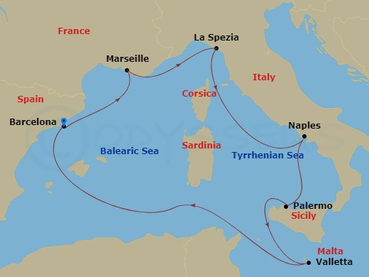 7 Night - Mediterranean - MSC Seaview - Starting in Barcelona, Spain, Marseille (Provence), France, La Spezia (Cinque Terre), Italy, Naples (Pompeii), Italy, Palermo (Monreale), Italy, La Valletta, Malta, Barcelona, Spain itinerary map