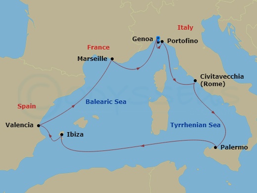 MSC Musica - 7 Night - Mediterranean - MSC Musica - Starting in Genoa (Portofino), Italy, Civitavecchia (Rome), Italy, Palermo (Monreale), Italy, Ibiza (Balearic Islands),.. itinerary map