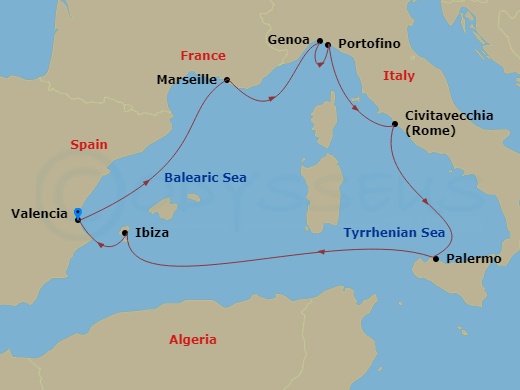MSC Musica - 7 Night - Mediterranean - MSC Musica - Starting in Valencia, Spain, Marseille (Provence), France, Genoa (Portofino), Italy, Civitavecchia (Rome), Italy, Paler.. itinerary map