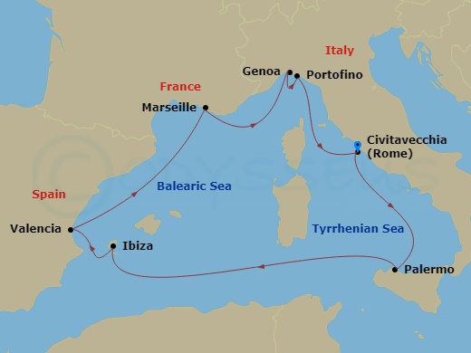 MSC Musica - 7 Night - Mediterranean - MSC Musica - Starting in Civitavecchia (Rome), Italy, Palermo (Monreale), Italy, Ibiza (Balearic Islands), Spain, Valencia, Spain, M.. itinerary map