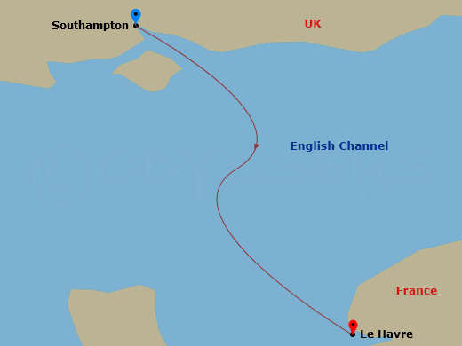 Queen Mary 2 - 1 Night - Southampton to Le Havre - Queen Mary 2 - Starting in Southampton, England, UK, Le Havre, France itinerary map