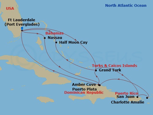 HAL Eurodam - 14 Night - Eastern Caribbean : Bahamas & San Juan - HAL Eurodam - Starting in Fort Lauderdale, Florida, Nassau, Bahamas, Amber Cove, Dominican Republic, Grand.. itinerary map