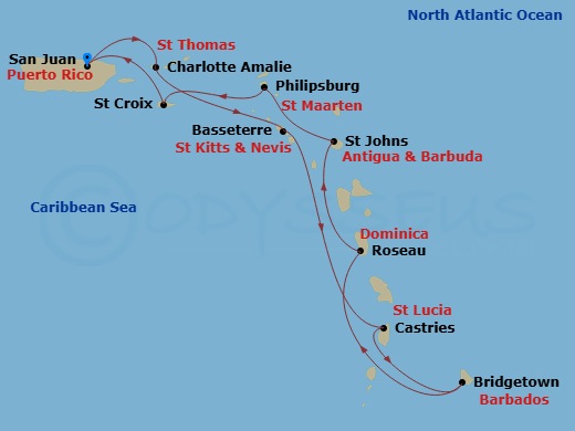 10 Night - West Indies Explorer - Viking Sea - Starting in San Juan, St Thomas (Charlotte Amalie), St Kitts (Basseterre), Castries, Bridgetown, Roseau, St Johns AG, Antigua, Philipsburg, St Croix (Frederiksted), San Juan itinerary map