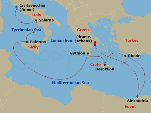 Silver Muse - 10 Night - Civitavecchia to Athens - Silver Muse - Starting in Civitavecchia (Rome), Salerno, Palermo, Sicily, Gythion, Heraklion, Rhodes, Alexandria EG, Athe.. itinerary map