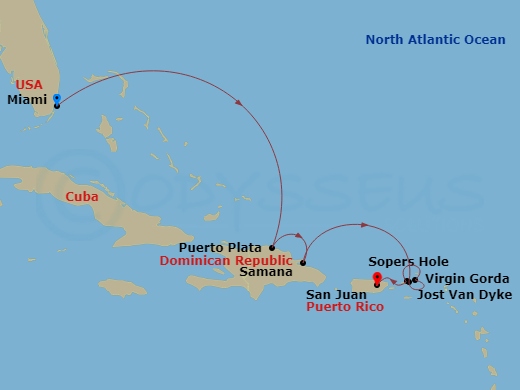 Star Seeker - 8 Night - Christening Sailing - Star Seeker - Starting in Miami, Puerto Plata, Dominican Republic, Samana, Jost Van Dyke, Great Harbour, Virgin Gorda / Prickl.. itinerary map