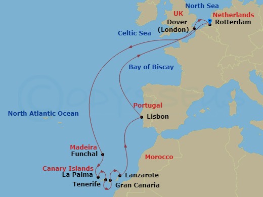 HAL Nieuw Statendam - 14 Night - Canary Island Enchantment with Portugal - HAL Nieuw Statendam - Starting in Rotterdam, the Netherlands, Funchal (Madeira), Portugal, Santa Cruz de.. itinerary map