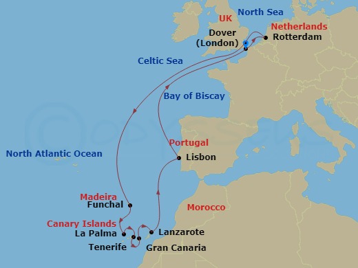 HAL Nieuw Statendam - 14 Night - Canary Island Enchantment with Portugal - HAL Nieuw Statendam - Starting in Dover UK (London), England, Rotterdam, the Netherlands, Funchal (Madeir.. itinerary map