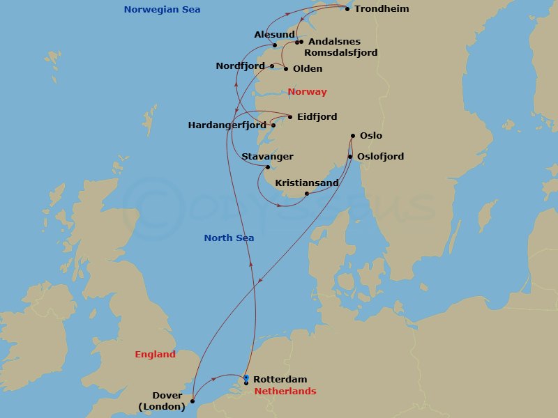 HAL Nieuw Statendam - 14 Night - Fjords of Norway : Spectacular Scenic Cruising - HAL Nieuw Statendam - Starting in Rotterdam, the Netherlands, Eidfjord, Norway, Scenic cruising Ha.. itinerary map