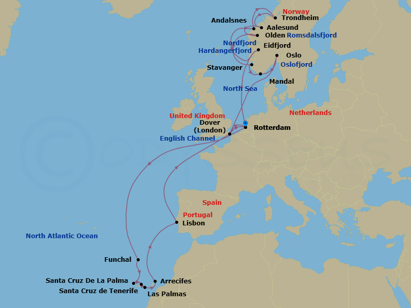 28 Night - Norwegian Fjords & Canary Islands Collectors' Voyage - Nieuw Statendam - Starting in Rotterdam, the Netherlands, Eidfjord, Norway, Scenic cruising Hardangerfjord, Alesund, Norway, Trondheim, Norway, Andalsnes, Norway, Scenic cruising Romsdalsfjord, Olden, Norway, Scenic Cruising Nordfjord, Stavanger, Norway, Mandal (Kristiansand), Norway, Oslo, Norway, Scenic cruising Oslofjord, Dover UK (London), England, Rotterdam, the Netherlands, Funchal (Madeira), Portugal, Santa Cruz de La Palma, Santa Cruz de Tenerife, Las Palmas, Gran Canaria, Canary Islands, Spain, Arrecife, Lanzarote, Canary Islands, Spain, Lisbon, Portugal, Dover UK (London), England, Rotterdam, the Netherlands itinerary map