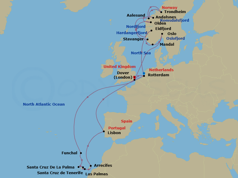 27 Night - Norwegian Fjords & Canary Islands Collectors' Voyage - Nieuw Statendam - Starting in Rotterdam, the Netherlands, Eidfjord, Norway, Scenic cruising Hardangerfjord, Alesund, Norway, Trondheim, Norway, Andalsnes, Norway, Scenic cruising Romsdalsfjord, Olden, Norway, Scenic Cruising Nordfjord, Stavanger, Norway, Mandal (Kristiansand), Norway, Oslo, Norway, Scenic cruising Oslofjord, Dover UK (London), England, Rotterdam, the Netherlands, Funchal (Madeira), Portugal, Santa Cruz de La Palma, Santa Cruz de Tenerife, Las Palmas, Gran Canaria, Canary Islands, Spain, Arrecife, Lanzarote, Canary Islands, Spain, Lisbon, Portugal, Dover UK (London), England itinerary map