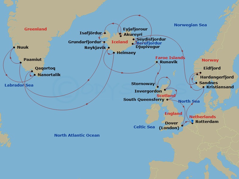 HAL Nieuw Statendam - 28 Night - Legendary Solar Eclipse with Greenland & Scotland - HAL Nieuw Statendam - Starting in Rotterdam, the Netherlands, Kristiansand, Norway, Eidfjord, N.. itinerary map
