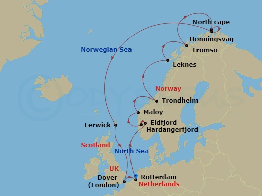 HAL Nieuw Statendam - 14 Night - Arctic Circle Crossing : North Cape Solstice - HAL Nieuw Statendam - Starting in Rotterdam, the Netherlands, Eidfjord, Norway, Scenic cruising Hard.. itinerary map