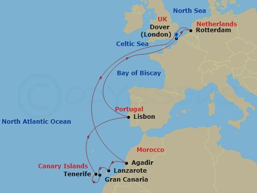 HAL Nieuw Statendam - 13 Night - Canary Island Enchantment with Portugal - HAL Nieuw Statendam - Starting in Dover UK (London), England, Rotterdam, the Netherlands, Agadir, Morocco.. itinerary map