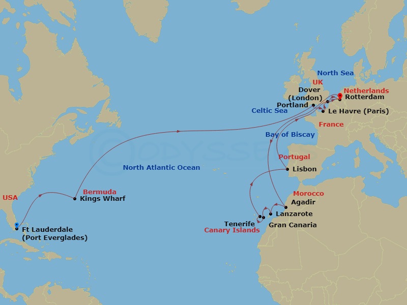 HAL Nieuw Statendam - 27 Night - Transatlantic & Canary Islands Collectors' Voyage - HAL Nieuw Statendam - Starting in Fort Lauderdale, Florida, Kings Wharf, Bermuda, Portland UK (.. itinerary map