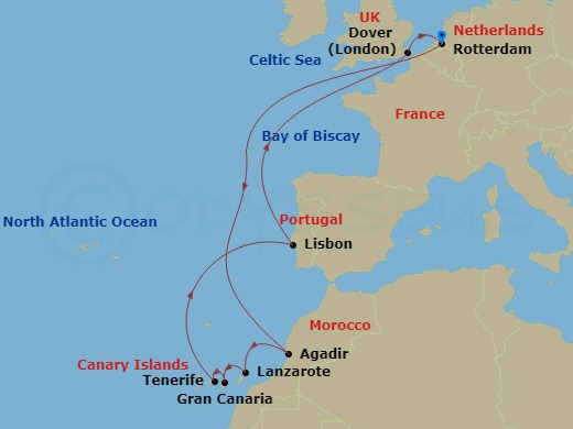 HAL Nieuw Statendam - 13 Night - Canary Island Enchantment with Portugal - HAL Nieuw Statendam - Starting in Rotterdam, the Netherlands, Agadir, Morocco, Arrecife, Lanzarote, Canar.. itinerary map