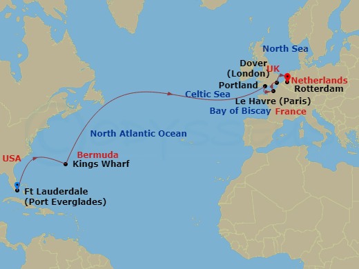 HAL Nieuw Statendam - 14 Night - Cultural Crossing with Paris & London - HAL Nieuw Statendam - Starting in Fort Lauderdale, Florida, Kings Wharf, Bermuda, Portland UK (Weymouth), E.. itinerary map