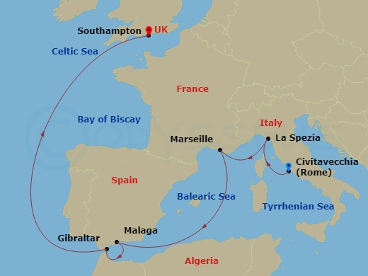 8 Night - Western Mediterranean - Queen Anne - Starting in Civitavecchia (tours to Rome), Italy, La Spezia (tours to Florence or Pisa), Italy, Marseille, France, Malaga (tours to Granada), Spain, Gibraltar, Southampton, England, UK itinerary map