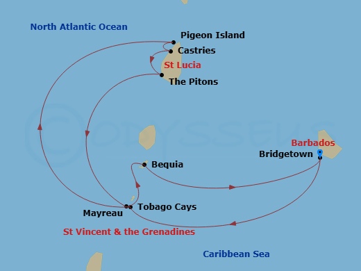 Wind Spirit - 6 Night - Jewels of the Windward Islands - Wind Spirit - Starting in Bridgetown, Tobago Cays, Pigeon Island, Castries, The Pitons, Mayreau, Bequia, Bridgetown itinerary map
