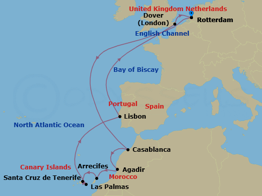 14 Night - Canary Island Enchantment with Morocco & Las Palmas - Nieuw Statendam - Starting in Rotterdam, the Netherlands, Casablanca, Morocco, Agadir, Morocco, Arrecife, Lanzarote, Canary Islands, Spain, Santa Cruz de Tenerife, Las Palmas, Gran Canaria, Canary Islands, Spain, Lisbon, Portugal, Dover UK (London), England, Rotterdam, the Netherlands itinerary map