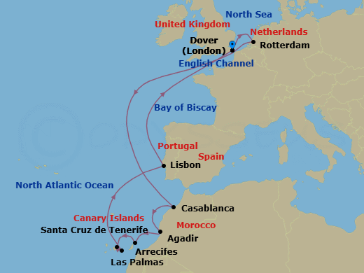 14 Night - Canary Island Enchantment with Morocco & Las Palmas - Nieuw Statendam - Starting in Dover UK (London), England, Rotterdam, the Netherlands, Casablanca, Morocco, Agadir, Morocco, Arrecife, Lanzarote, Canary Islands, Spain, Santa Cruz de Tenerife, Las Palmas, Gran Canaria, Canary Islands, Spain, Lisbon, Portugal, Dover UK (London), England itinerary map