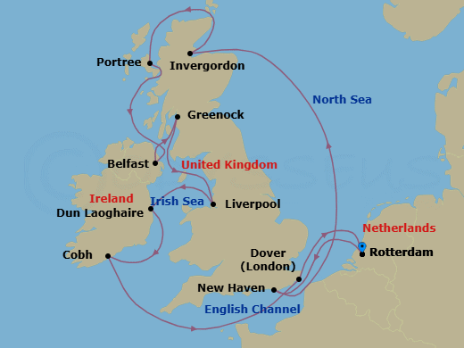 14 Night - Wild British Isles : Uk & Ireland - Nieuw Statendam - Starting in Rotterdam, the Netherlands, Newhaven (Edinburgh), United Kingdom, Invergordon (Inverness), Scotland, United Kingdom, Portree (Isle of Skye), Scotland, United Kingdom, Belfast, Northern Ireland, United Kingdom, Greenock (Glasgow), Scotland, United Kingdom, Liverpool, England, United Kingdom, Dun Laoghaire (Dublin), Ireland, Cobh (Cork), Ireland, Dover UK (London), England, Rotterdam, the Netherlands itinerary map