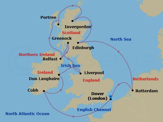 14 Night - Wild British Isles : Uk & Ireland - Nieuw Statendam - Starting in Dover UK (London), England, Rotterdam, the Netherlands, Newhaven (Edinburgh), United Kingdom, Invergordon (Inverness), Scotland, United Kingdom, Portree (Isle of Skye), Scotland, United Kingdom, Belfast, Northern Ireland, United Kingdom, Greenock (Glasgow), Scotland, United Kingdom, Liverpool, England, United Kingdom, Dun Laoghaire (Dublin), Ireland, Cobh (Cork), Ireland, Dover UK (London), England itinerary map